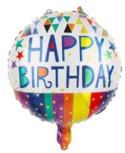 Happy Birthday 18 Inch Round Foil Balloon White with Colourful Stripes