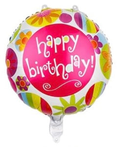 Happy Birthday 18 Inch Round Foil Balloon White with Flowers and Pink Centre