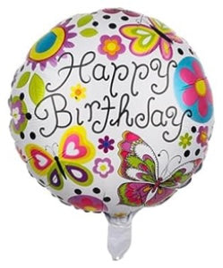 Happy Birthday 18 Inch Round Foil Balloon White with Butterflies and Flowers